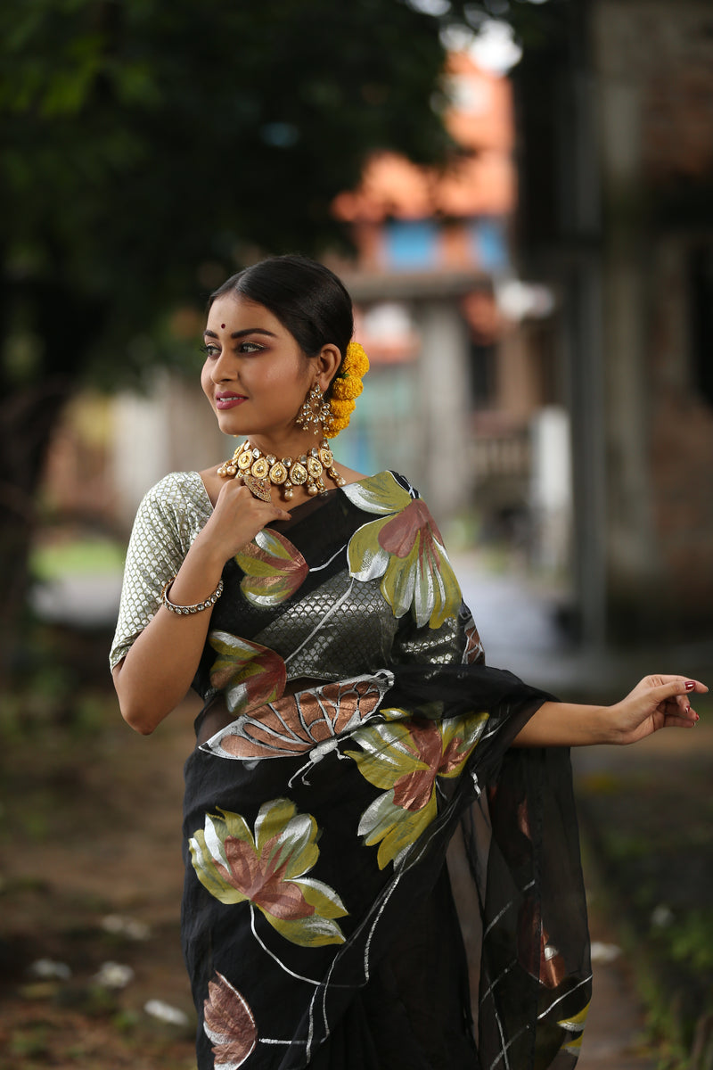 Acrylic Butterflies and Peonies in Black-Organza Hand-painted Sari