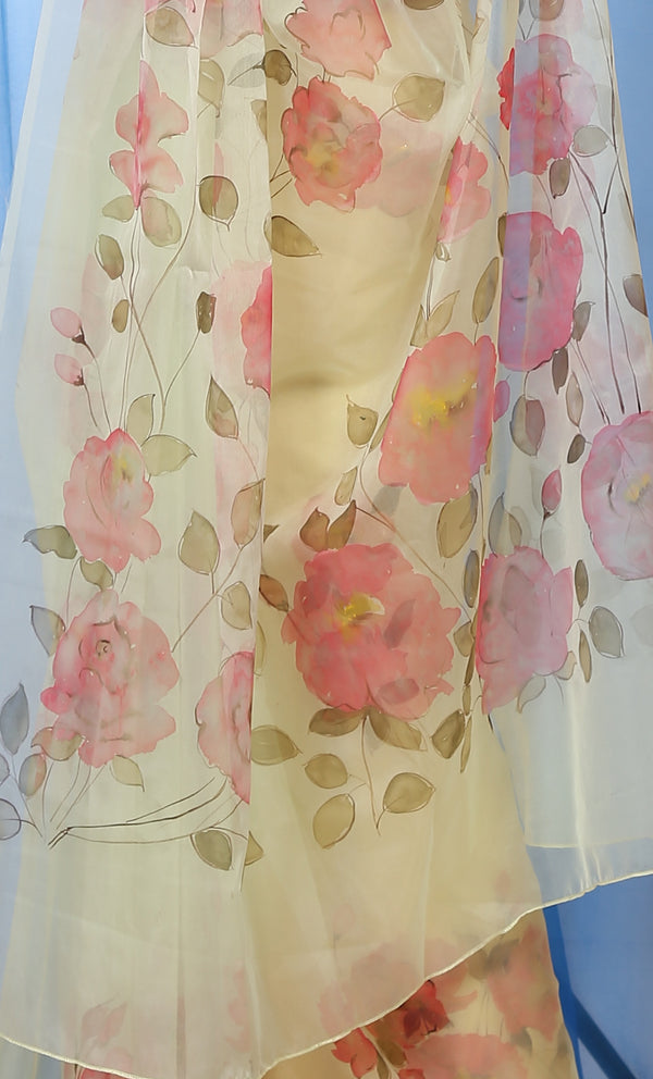 Anemone Floral Garden On Pastel Hues-Organza Hand-painted Saree