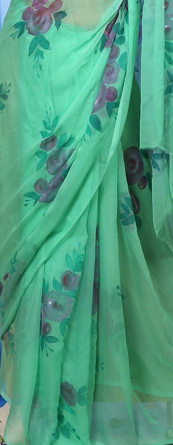 Blue Orchids on Clover Green Organza Hand-painted Sari