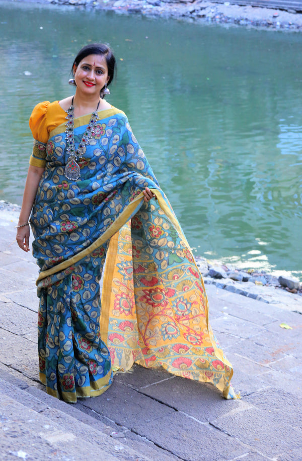 Hand Painted Pen Kalamkari Saree In Blue and Honey Yellow in Tussar Silk
