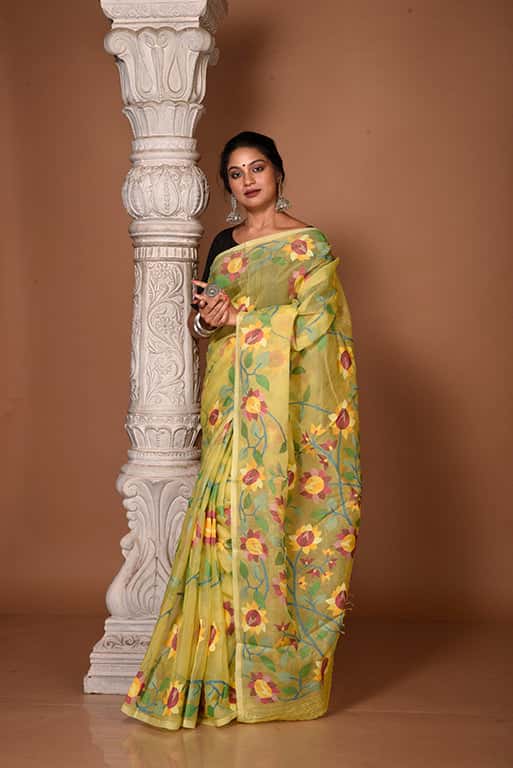 Lemon Yellow Floral Handwoven Jamdani Saree(Pre-Order)-011 - indeloom