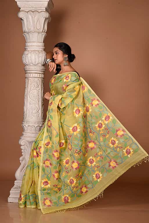 Lemon Yellow Floral Handwoven Jamdani Saree(Pre-Order)-011 - indeloom