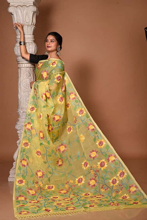 Lemon Yellow Floral Handwoven Jamdani Saree(Pre-Order)-011 - indeloom