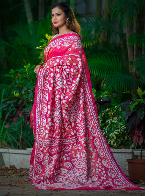 Pink Color With White Floral Kantha Sari