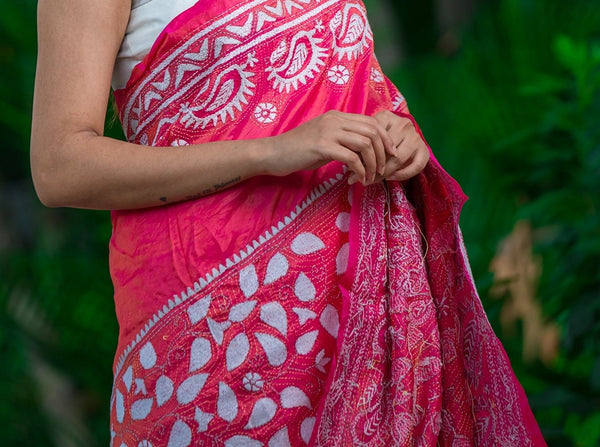 Pink Color With White Floral Kantha Sari