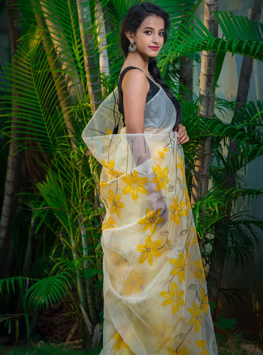 Cream Fruity Yellow Floral-Organza Hand-painted Saree-020 - indeloom