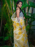 Cream Fruity Yellow Floral-Organza Hand-painted Saree-020 - indeloom