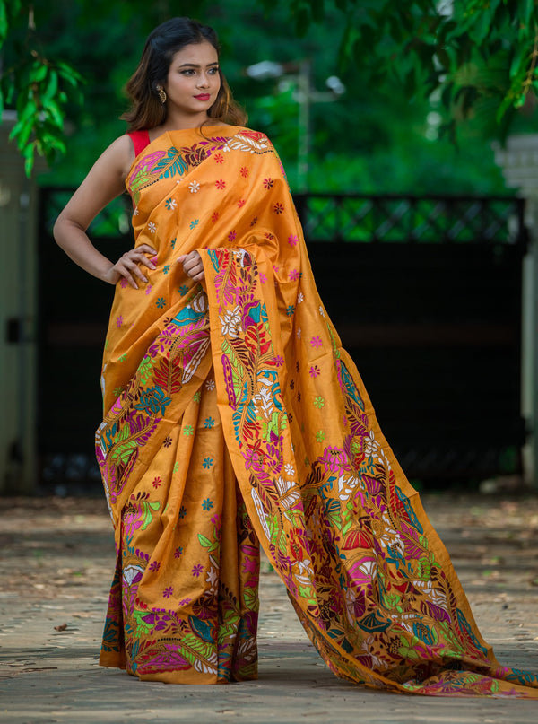 Orange Color With Motifs and Floral Kantha Sari