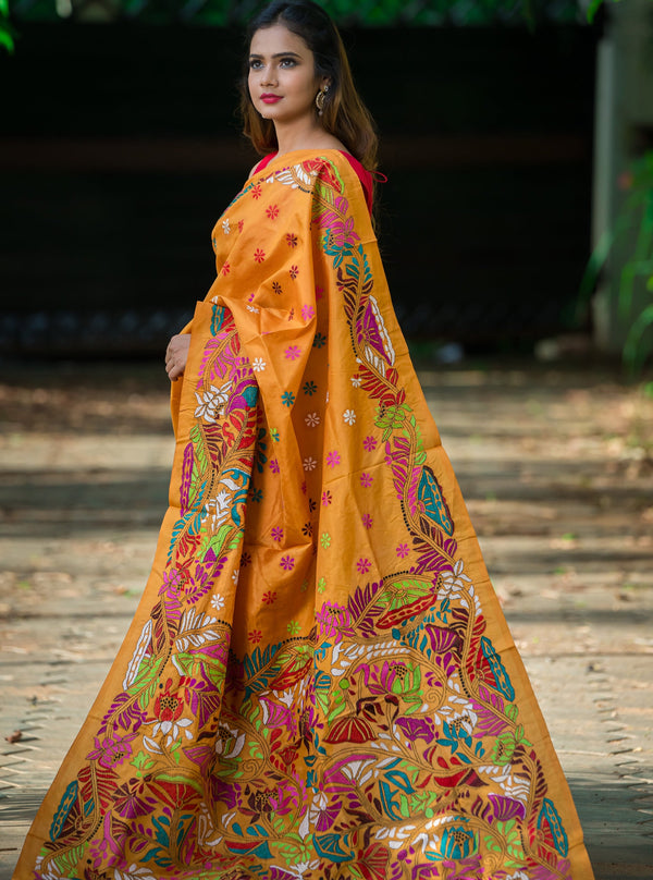 Orange Color With Motifs and Floral Kantha Sari