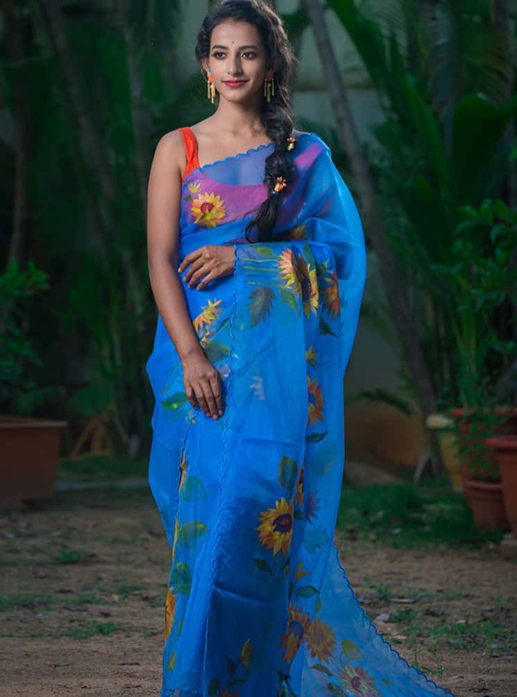 Blueberry Sunflower Floral Garden-Organza Hand-painted Saree-019 - indeloom