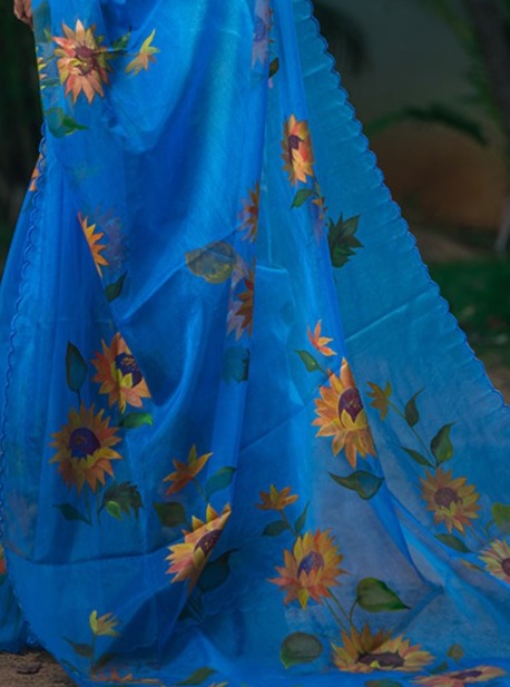 Blueberry Sunflower Floral Garden-Organza Hand-painted Saree