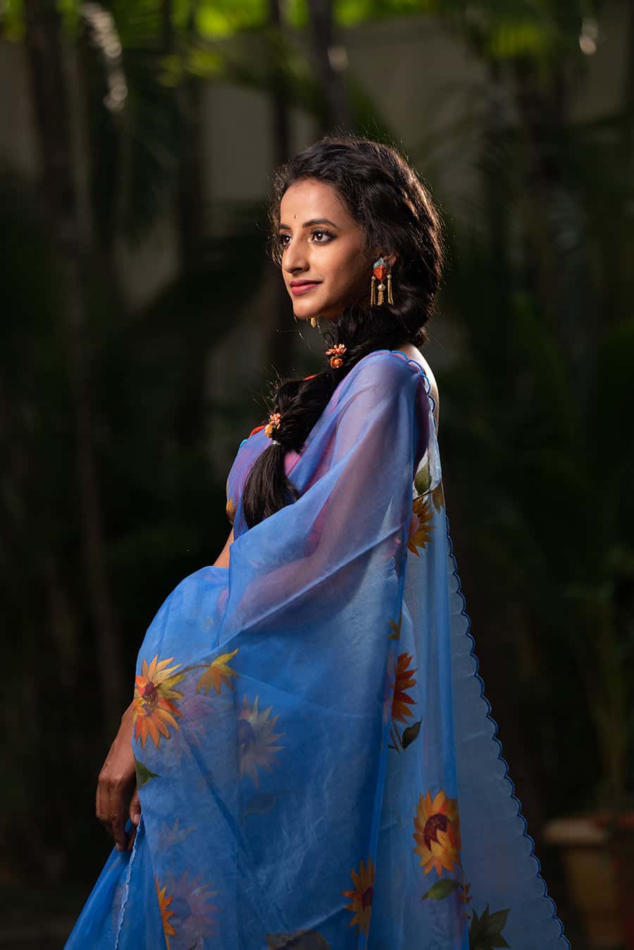 Blueberry Sunflower Floral Garden-Organza Hand-painted Saree-019 - indeloom