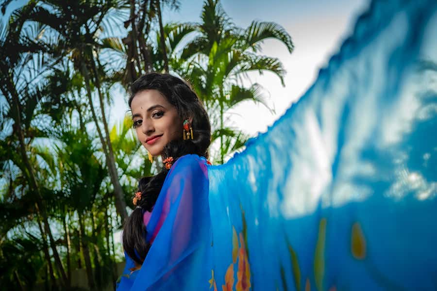 Blueberry Sunflower Floral Garden-Organza Hand-painted Saree-019 - indeloom