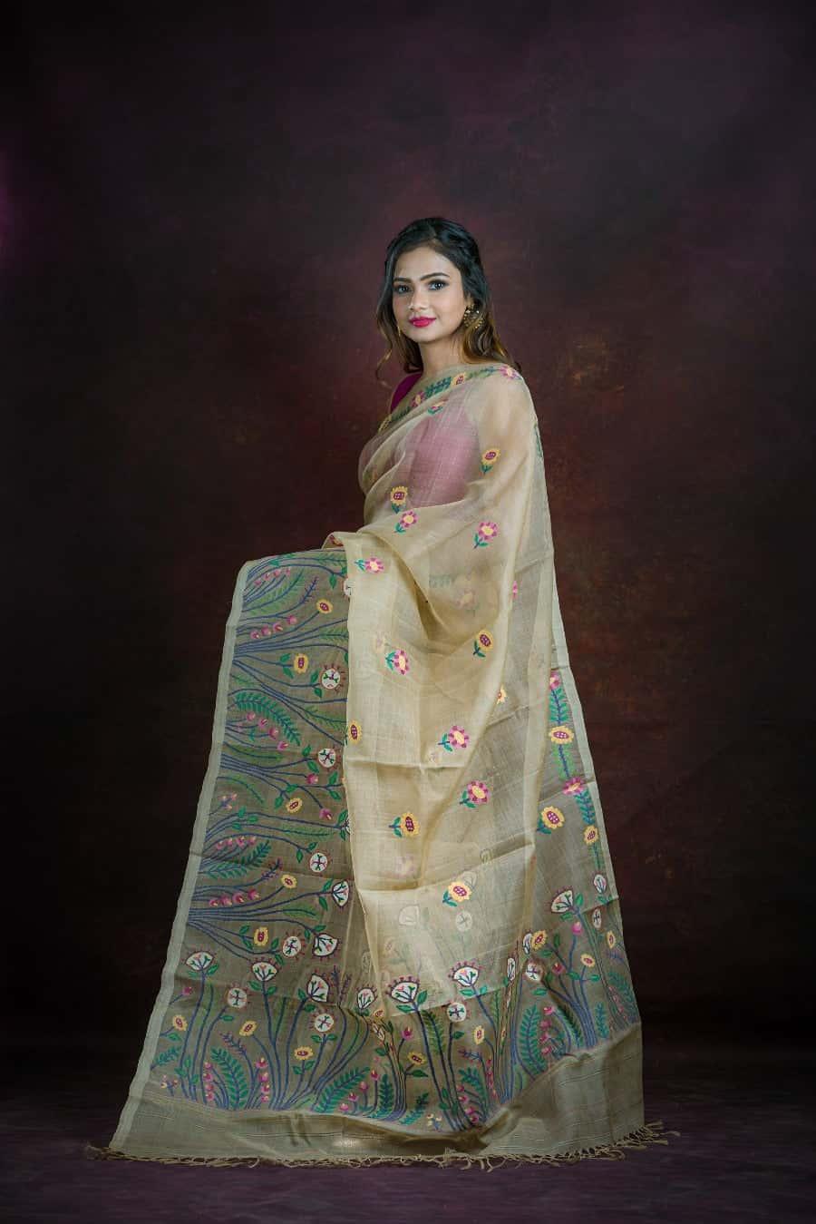 Beige Multicolor Floral Garden Jamdani Silk Saree(Pre-Order)-038 - indeloom