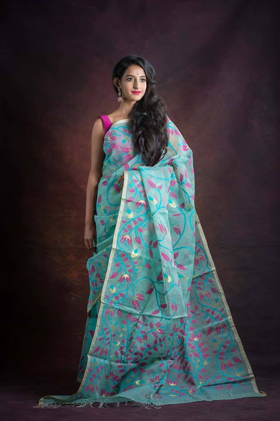 Teal Pink Floral Needle Weave Silk Jamdani Saree