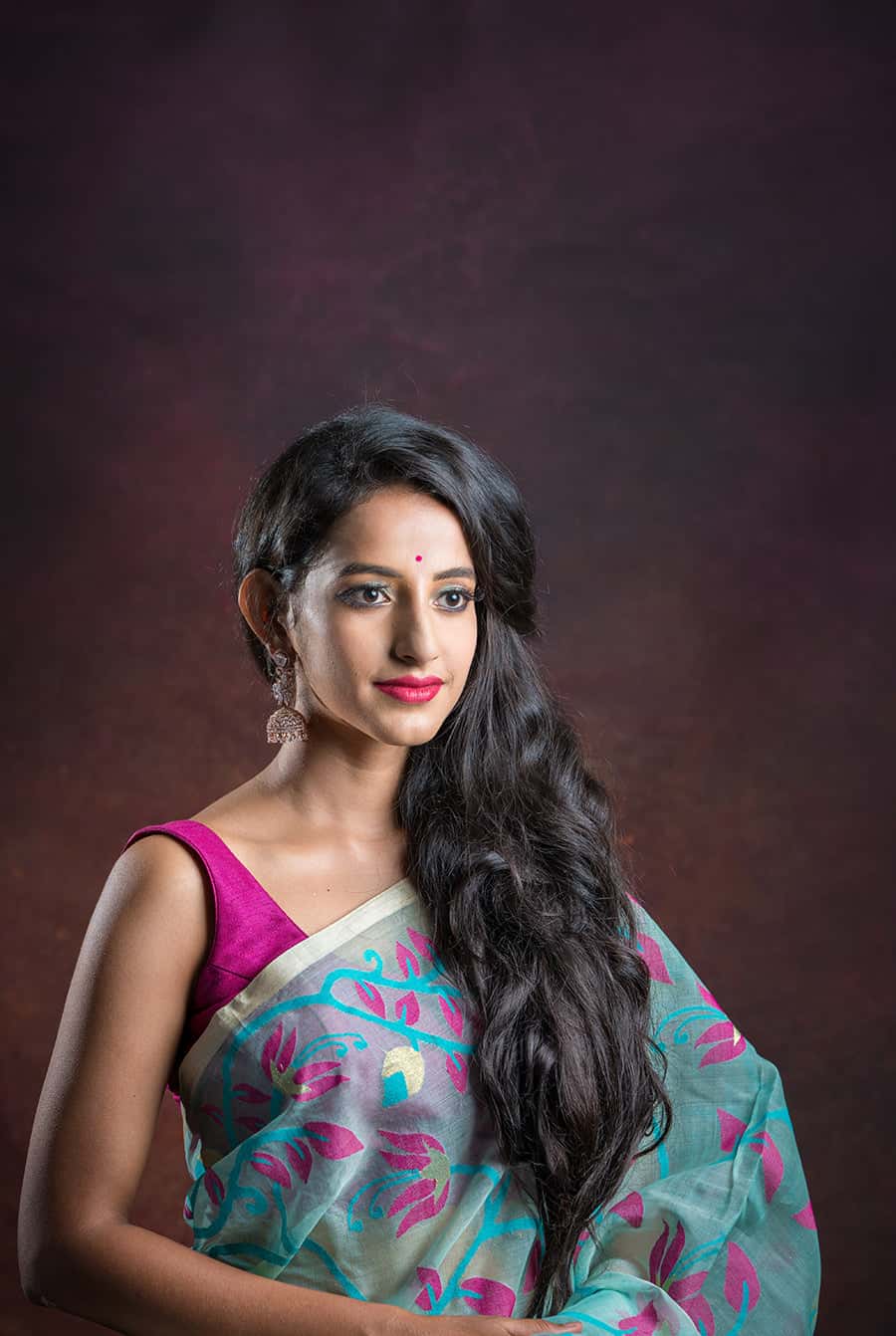 Teal Pink Floral Needle Weave Silk Jamdani Saree