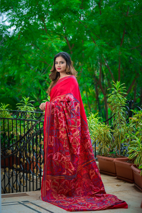 Maroon Color with Floral Kantha Saree