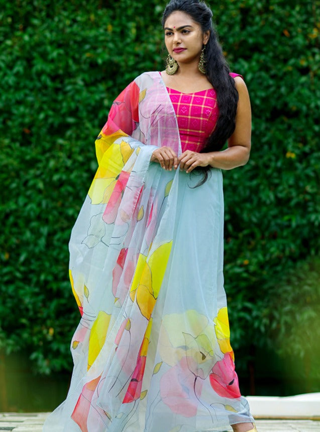 Ivory White with Multi Color Floral-Organza Hand-painted Saree