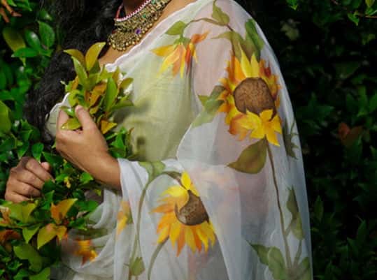 Ivory White With Sunflower Floral- Organza Hand-painted Saree-013 - indeloom