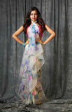 Multi Color  Handpainted Saree on Jasmine White-Organza Hand-painted Saree-039
