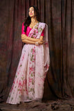 Floral Garden on Ivory White Organza Hand-painted Saree-037 - indeloom