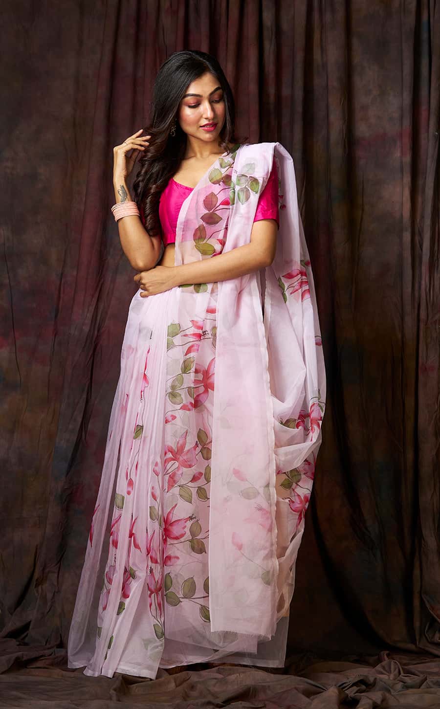 Floral Garden on Ivory White Organza Hand-painted Saree-037 - indeloom