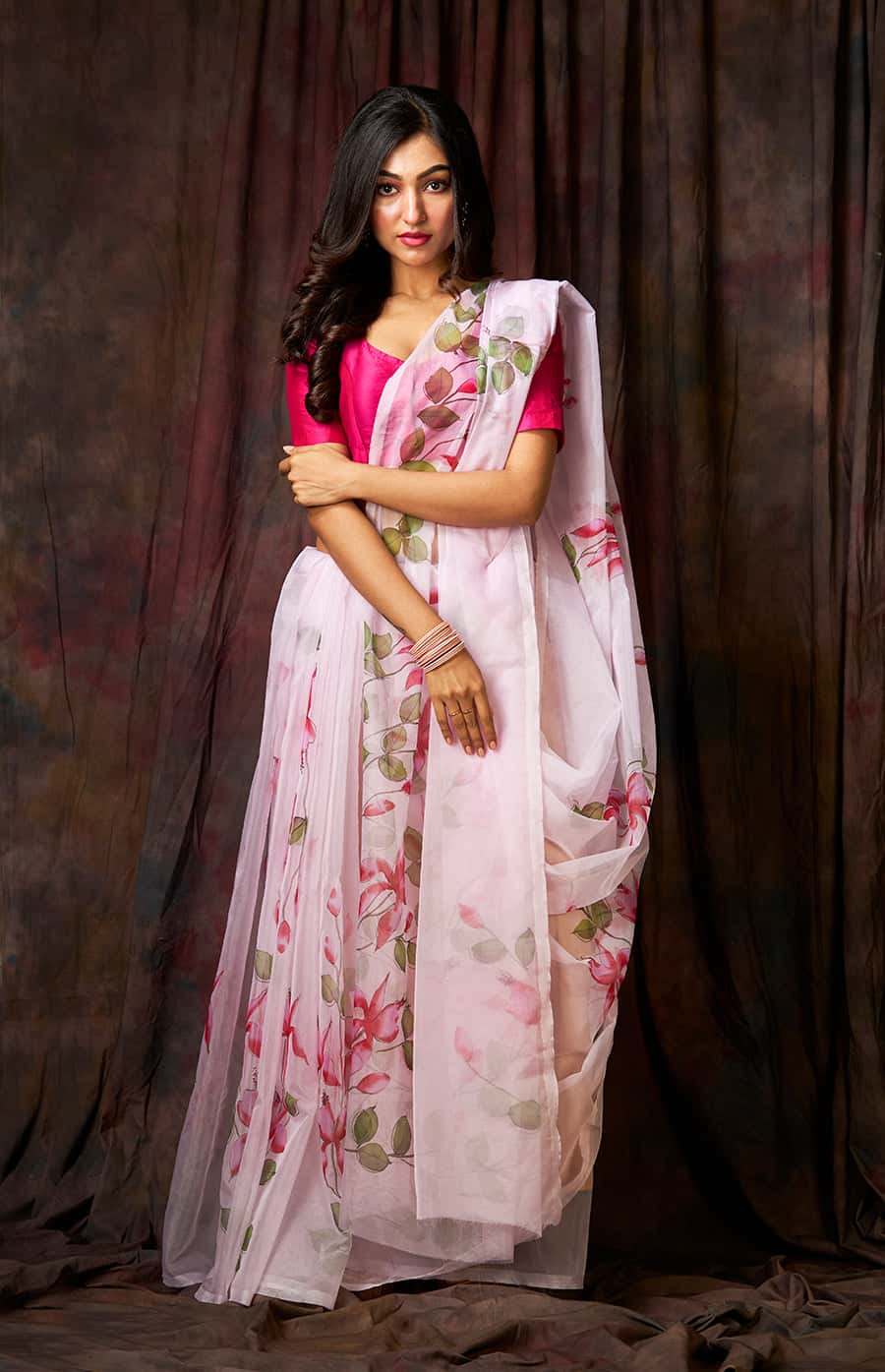 Floral Garden on Ivory White Organza Hand-painted Saree-037 - indeloom