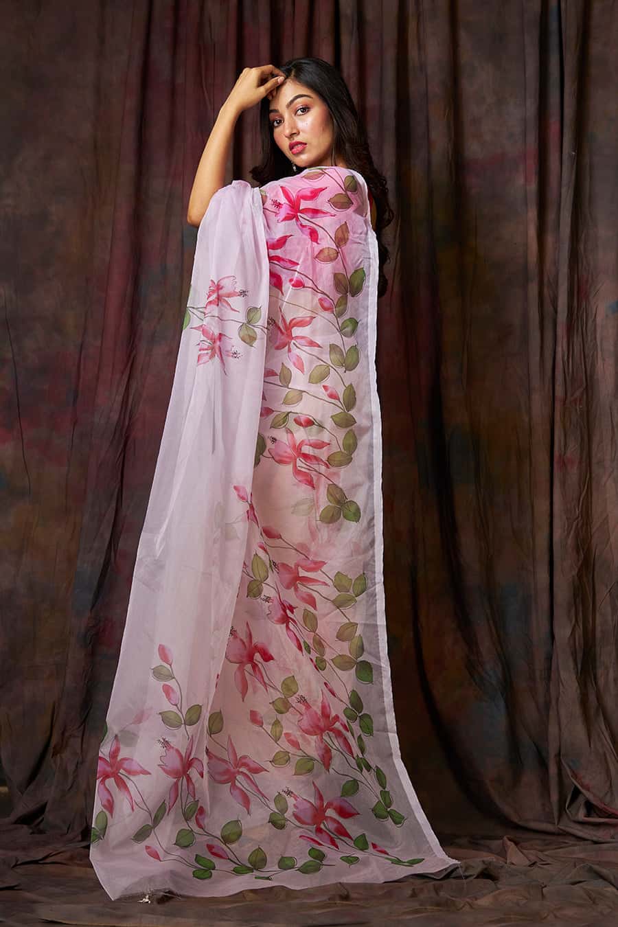 Floral Garden on Ivory White Organza Hand-painted Saree-037 - indeloom