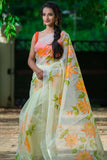 Mint Green Pastel Orange Floral Organza Hand-painted Saree-023