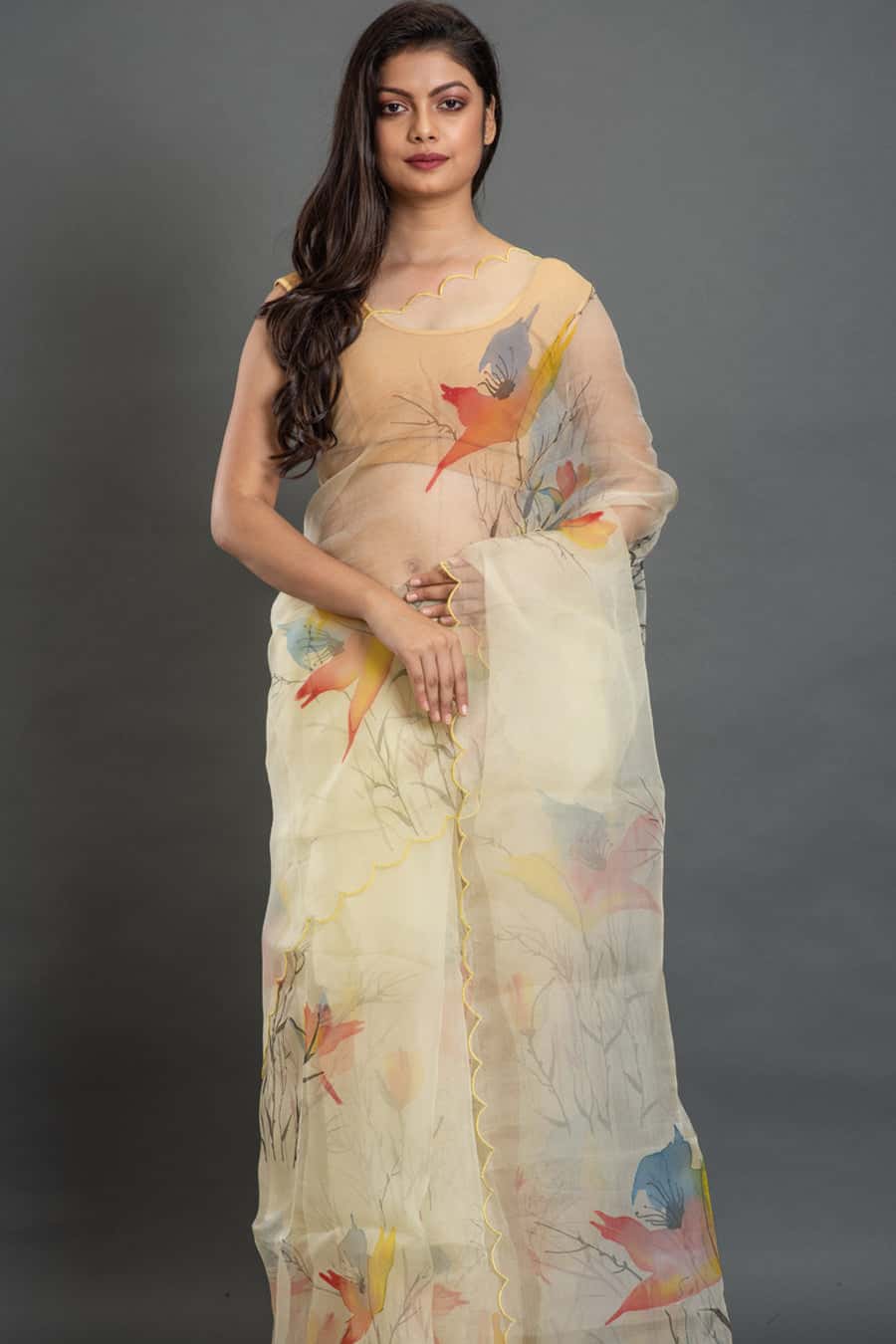 Birds of Paradise Flower Organza Hand-painted Sari-041 - indeloom