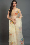 Birds of Paradise Flower Organza Hand-painted Sari-041 - indeloom