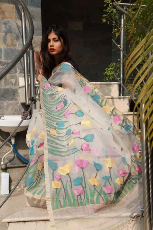 Exclusive Off White Multicolor Tulips Silk Jamdani Saree-035 - indeloom