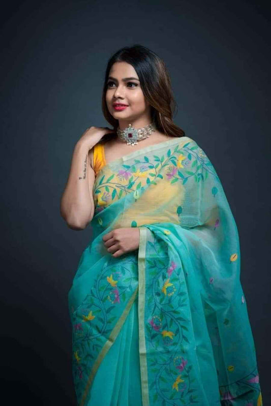Handwoven Pure Jamdani Muslin Saree | Turquoise Teal