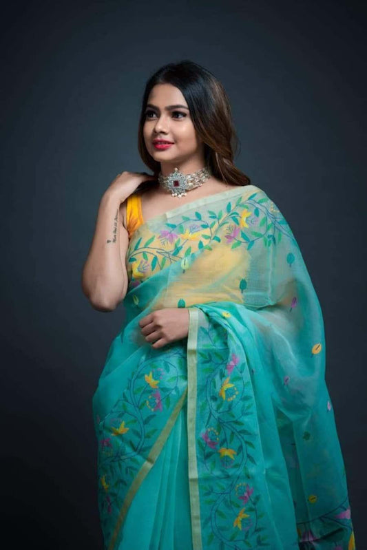 Cyan Floral Garden Silk Jamdani Saree-034 - indeloom