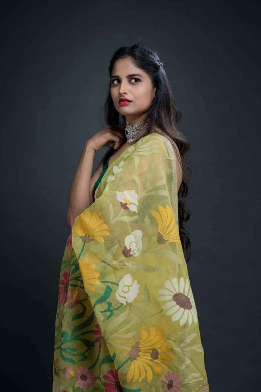 Handwoven Pure Jamdani Muslin Saree | Honey Yellow