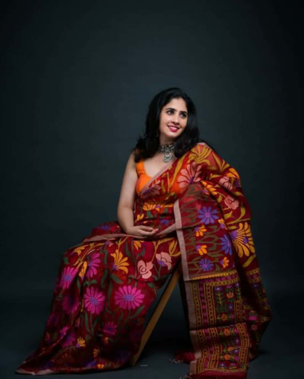 Maroon Floral Motifs Silk Jamdani Saree-036 - indeloom