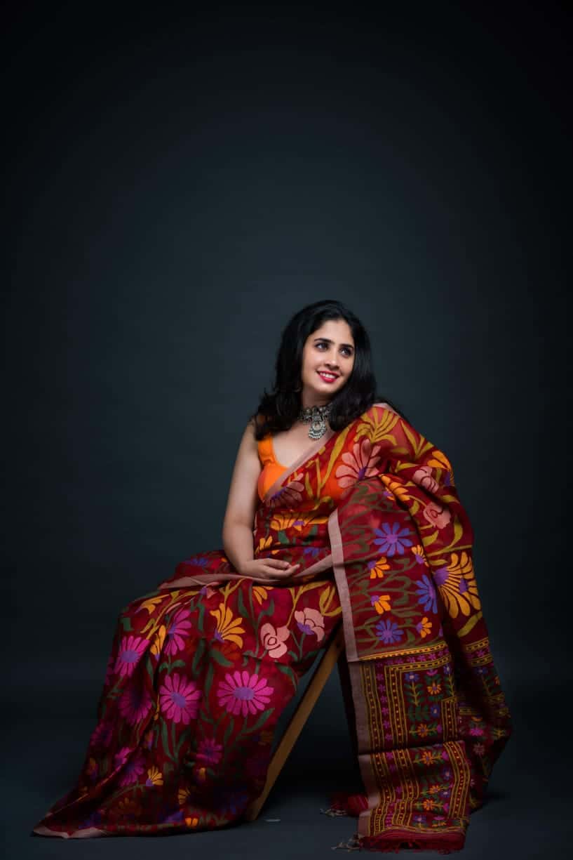 Maroon Floral Motifs Silk Jamdani Saree-036 - indeloom
