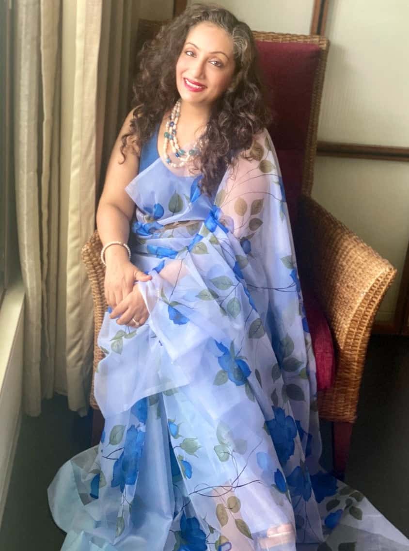 Blue Colour Florals on Organza Hand-painted Saree-008 - indeloom