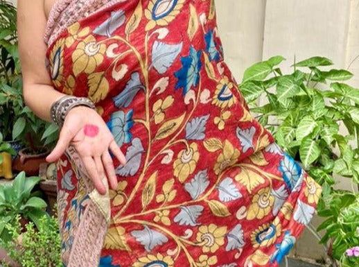 Floral Pen Kalamkari Saree Bangalore Silk with Hand Embroidery Borders