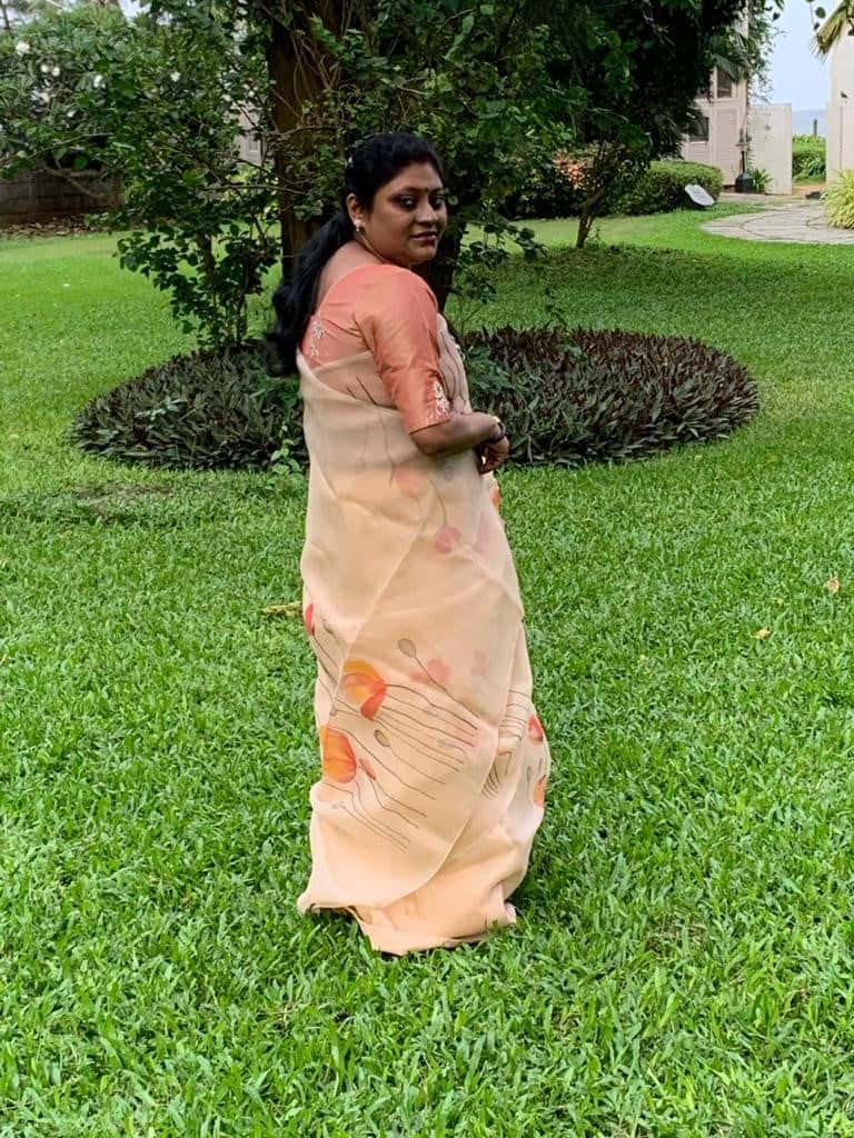 Poppies on Orange Peach-Organza Hand-painted Sari-028