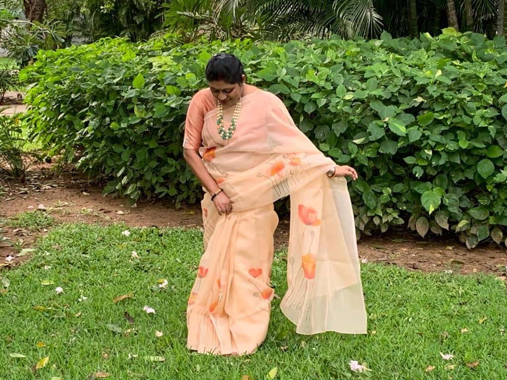 Poppies on Orange Peach-Organza Hand-painted Sari-028