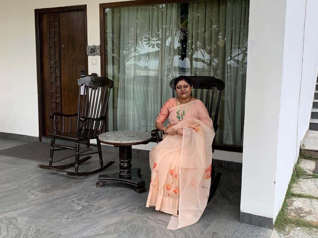 Poppies on Orange Peach-Organza Hand-painted Sari-028
