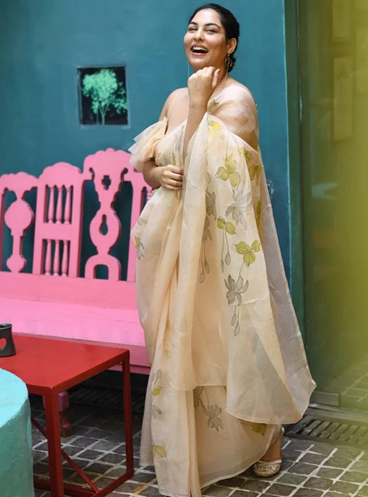 Garden Of Leaf Organza Hand-painted Saree-027 - indeloom