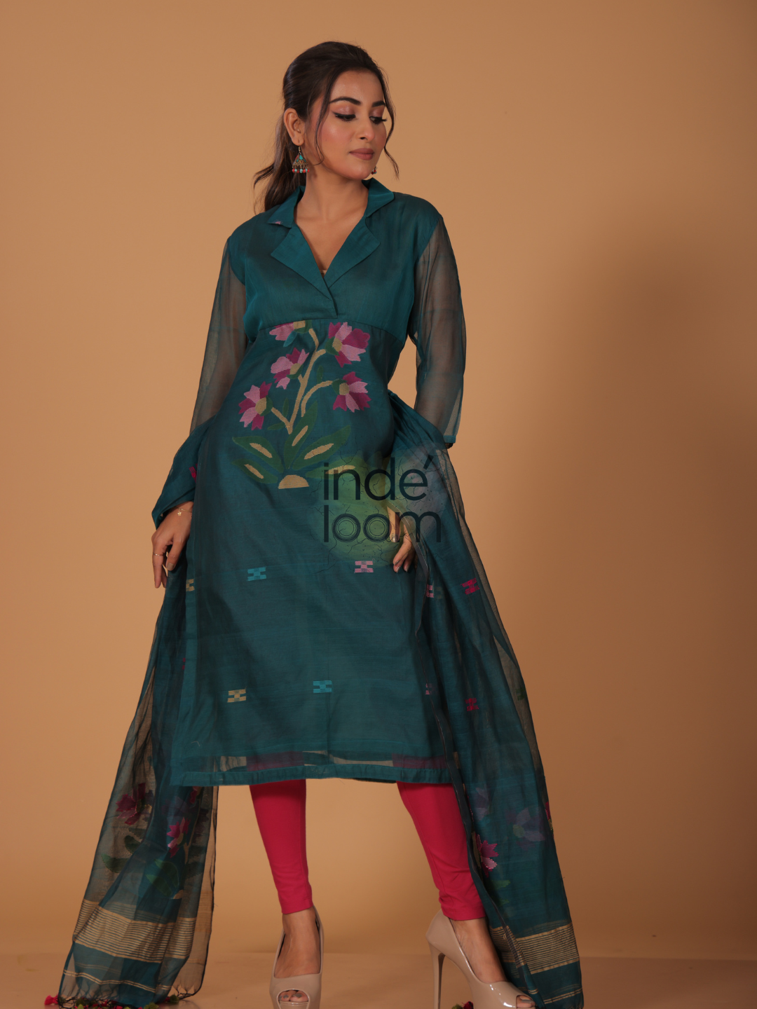 Pine Green Muslin Jamdani 2-Piece Set Kurti & Dupatta (UNSTITCHED) -630
