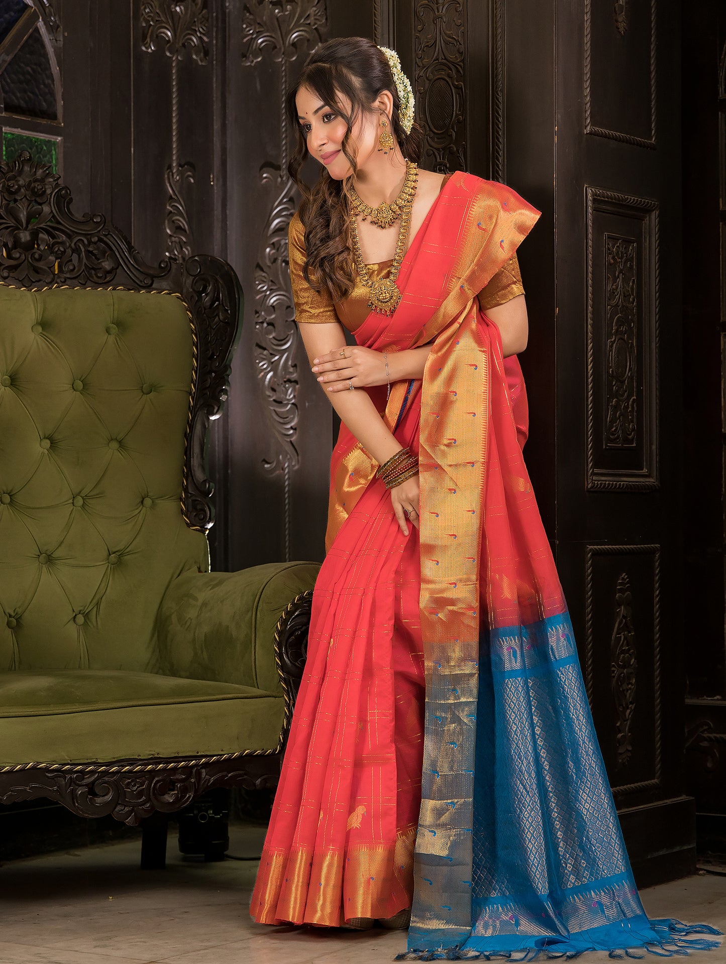 Handloom Korvai Silk Cotton Saree  |  Coral Red