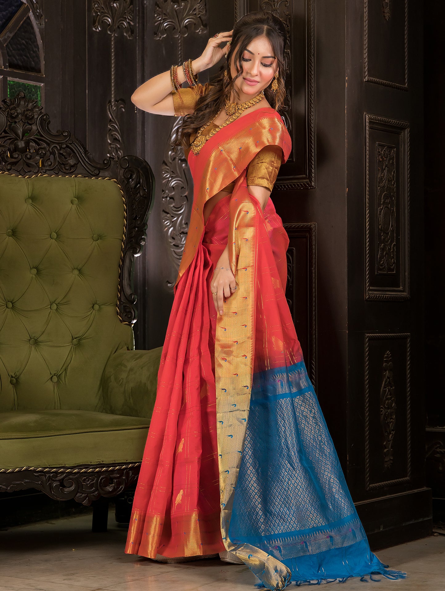 Handloom Korvai Silk Cotton Saree  |  Coral Red