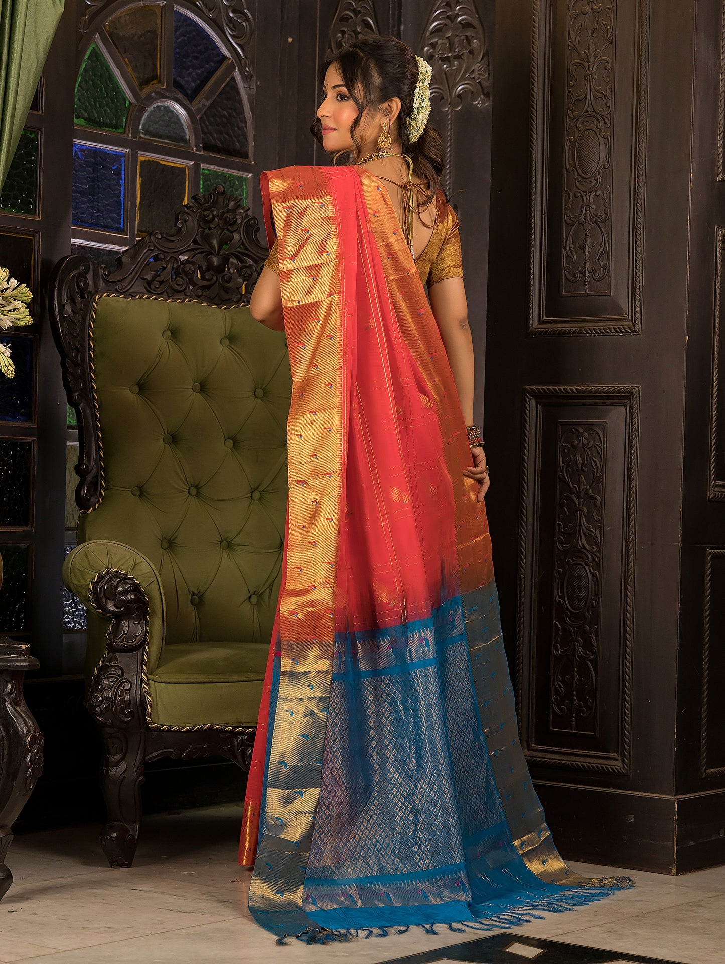 Handloom Korvai Silk Cotton Saree  |  Coral Red