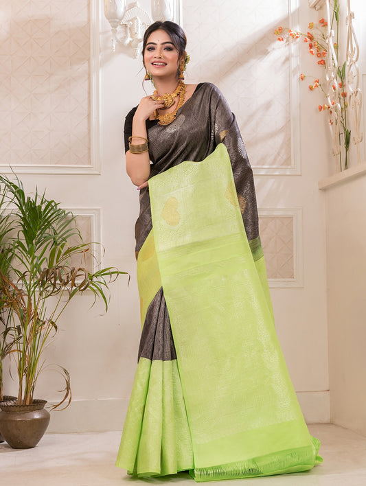 Silk Mark Certified Handloom Kanjivaram Silk Saree  |  Lime Green