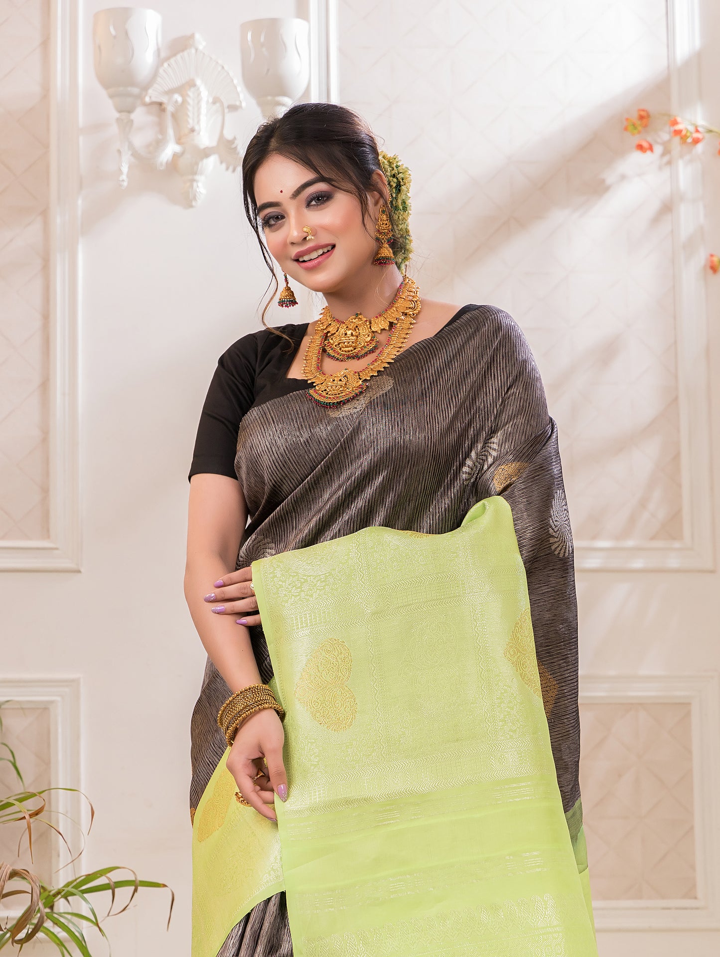 Silk Mark Certified Handloom Kanjivaram Silk Saree  |  Lime Green
