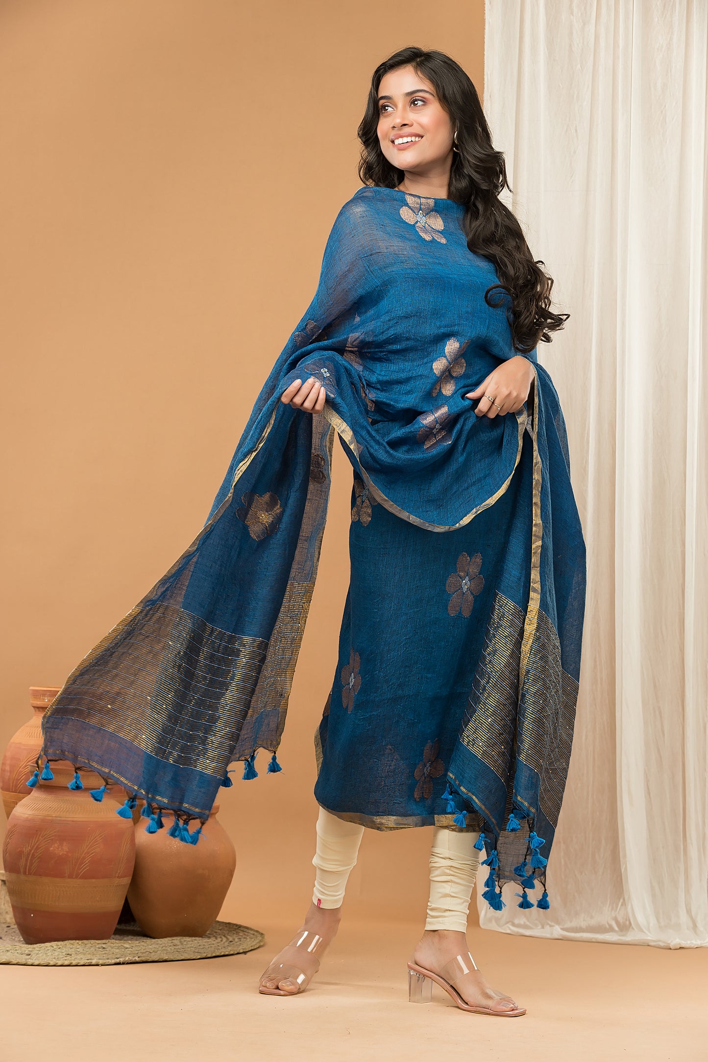 Royal Navy Blue | Handloom Jamdani Linen Unstitched 2-Piece Kurti